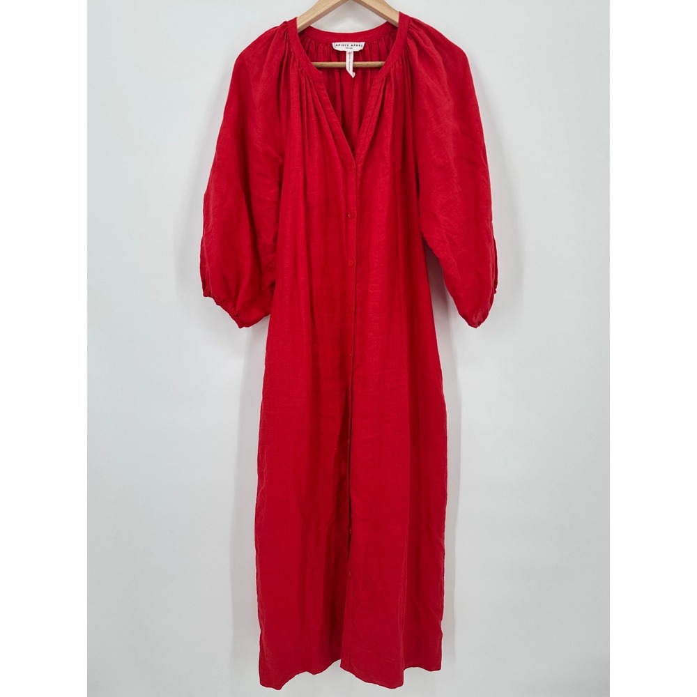 Apiece Apart Mitte Chili Red Linen Button Front Shift Midi Dress Belted Size 4 - Picture 8 of 8
